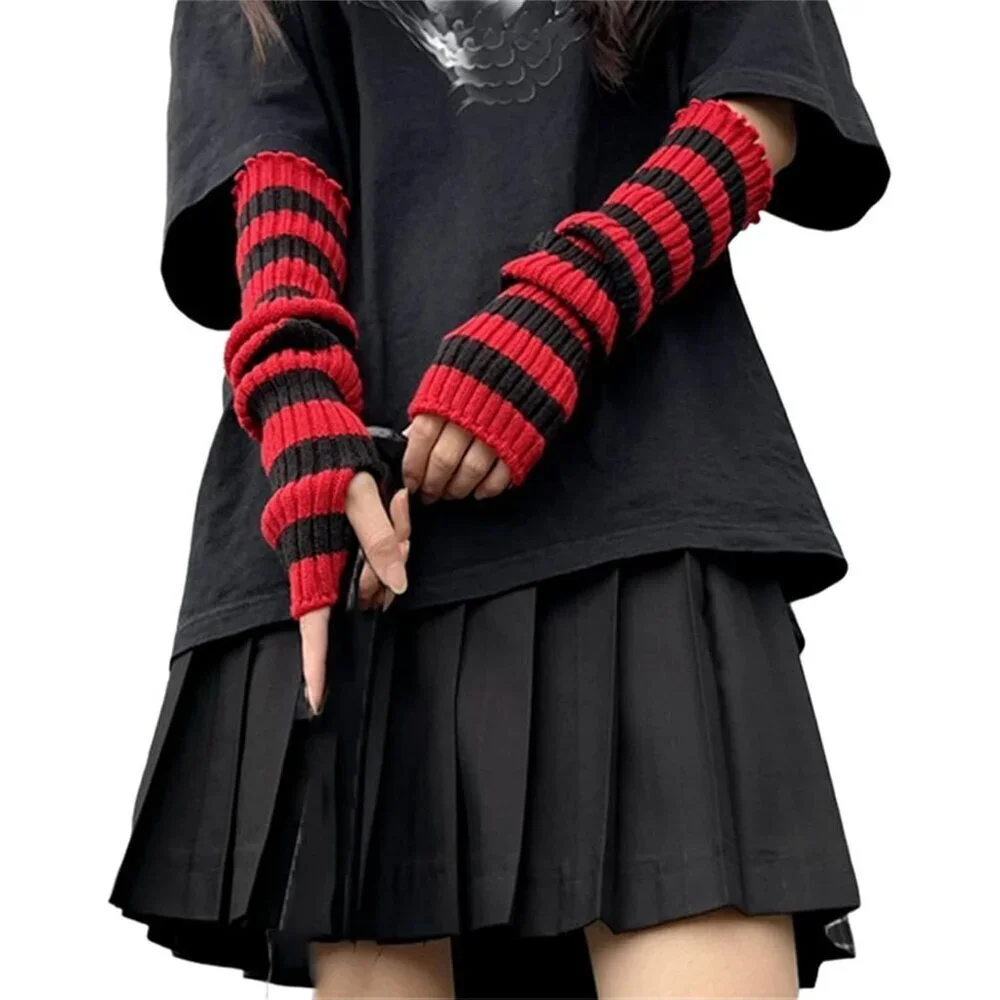Goth Arm Warmers Y2K Arm Sleeves Fingerless Gloves for Women Black Red